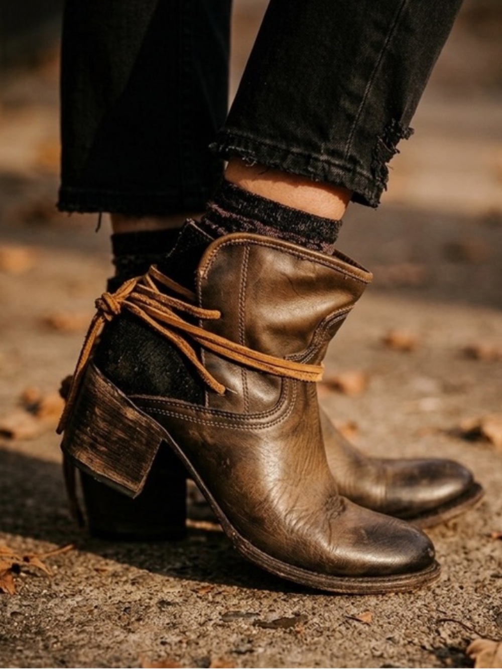 freebird Brown Leather Western Ankle Boots with Wrap Lace